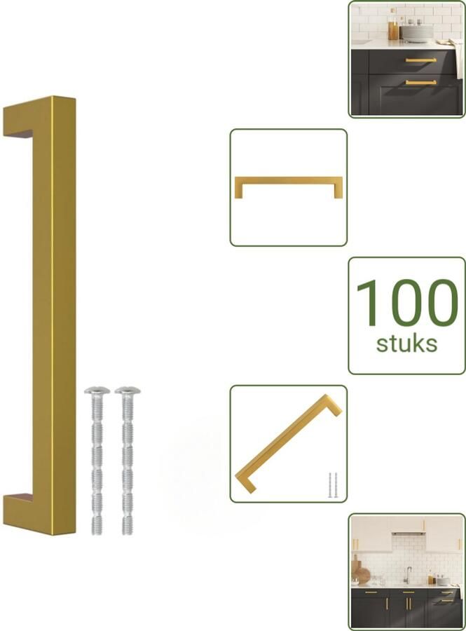 VidaXL Handvatten 160 mm RVS Goudkleurig Vierkante Meubelgrepen voor Kasten en Lades Voordeelverpakking 100 stuks