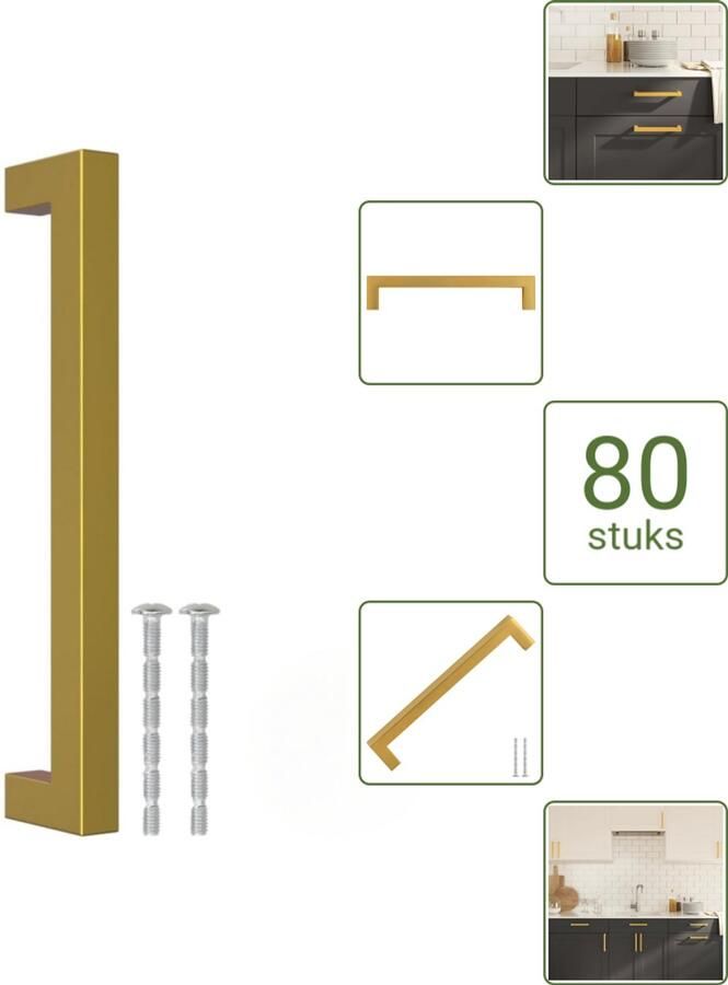 VidaXL Handvatten 160 mm RVS Goudkleurig Vierkante Meubelgrepen voor Kasten en Lades Voordeelverpakking 80 stuks
