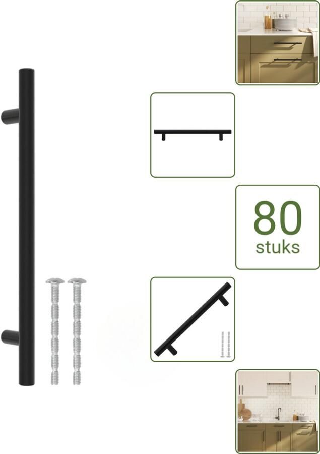 VidaXL Handvatten 160 mm RVS Zwart T-vormige Meubelgrepen voor Kasten en Lades Voordeelverpakking 80 stuks