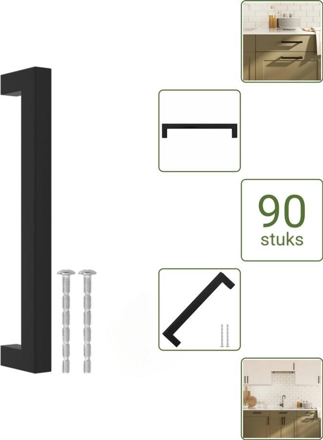 VidaXL Handvatten 160 mm RVS Zwart Vierkante Meubelgrepen voor Kasten en Lades Voordeelverpakking 90 stuks