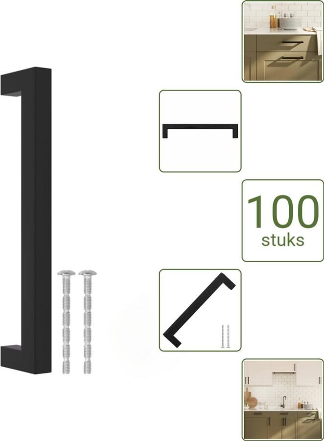 VidaXL Handvatten 160 mm RVS Zwart Vierkante Meubelgrepen voor Kasten en Lades Voordeelverpakking 100 stuks