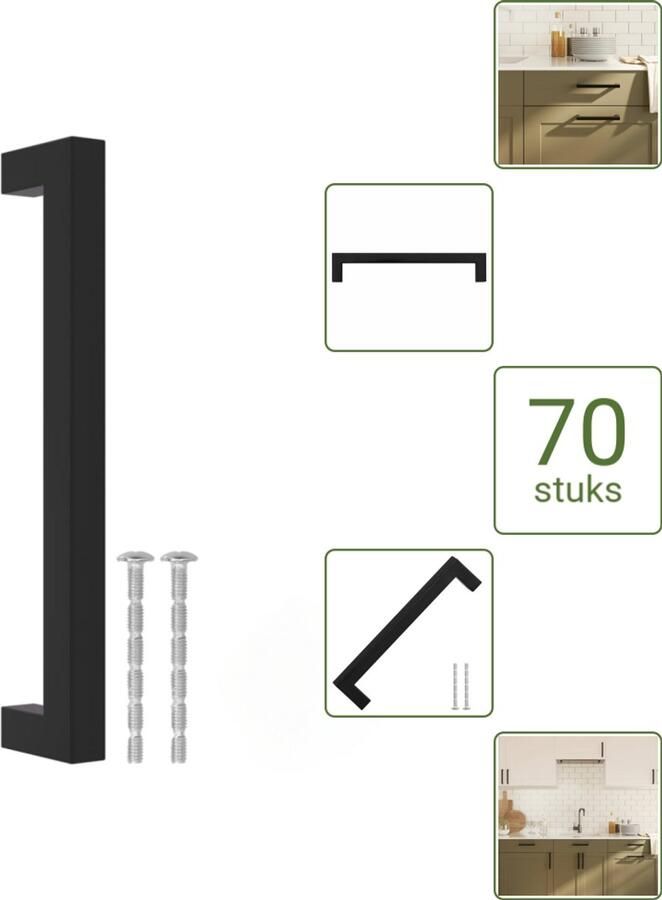 VidaXL Handvatten 160 mm RVS Zwart Vierkante Meubelgrepen voor Kasten en Lades Voordeelverpakking 70 stuks