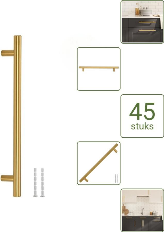 VidaXL Handvatten 192 mm RVS Goudkleurig T-vormige Meubelgrepen voor Kasten en Lades Voordeelverpakking 45 stuks