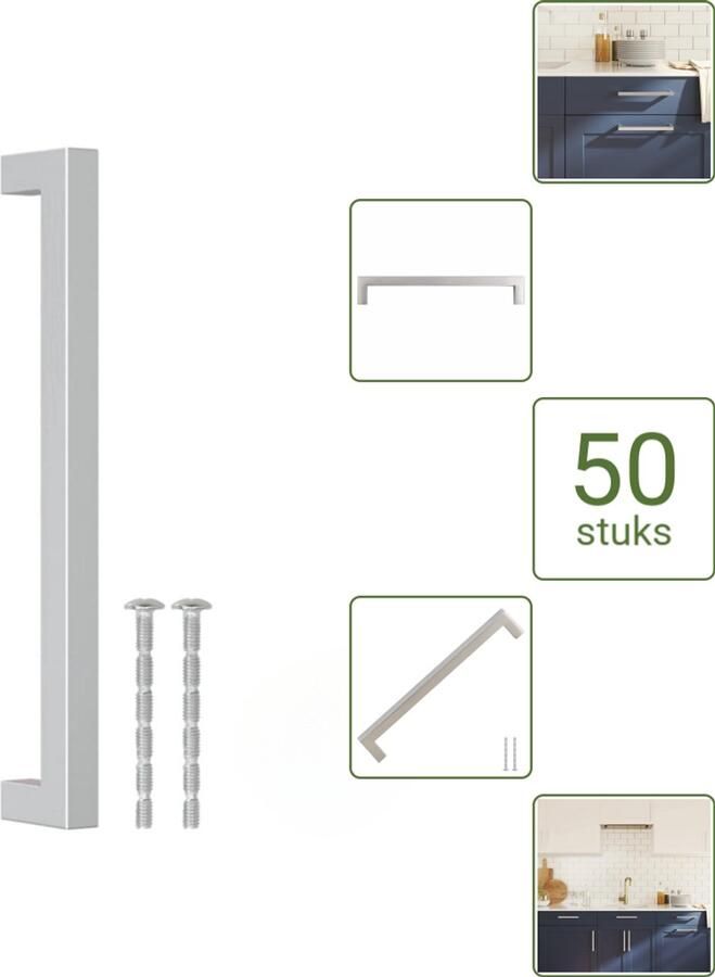 VidaXL Handvatten 192 mm RVS Zilverkleurig Vierkante Meubelgrepen voor Kasten en Lades Voordeelverpakking 50 stuks