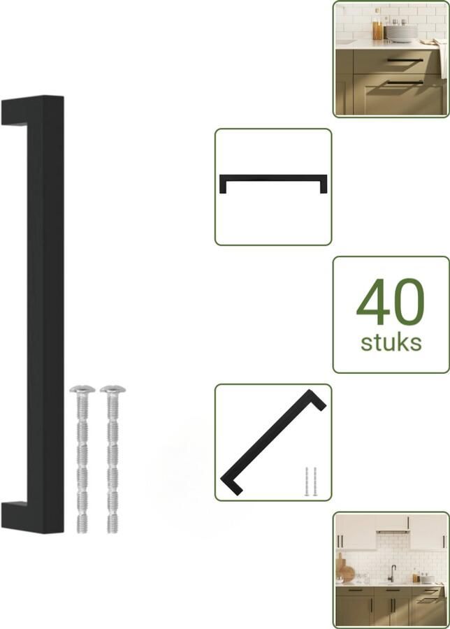 VidaXL Handvatten 192 mm RVS Zwart Vierkante Meubelgrepen voor Kasten en Lades Voordeelverpakking 40 stuks