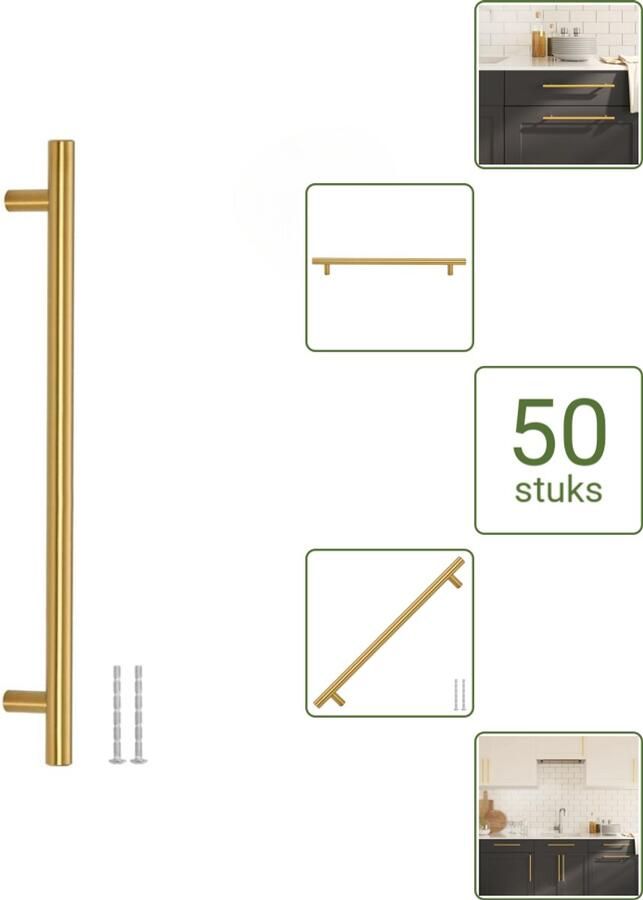 VidaXL Handvatten 224 mm RVS Goudkleurig T-vormige Meubelgrepen voor Kasten en Lades Voordeelverpakking 50 stuks