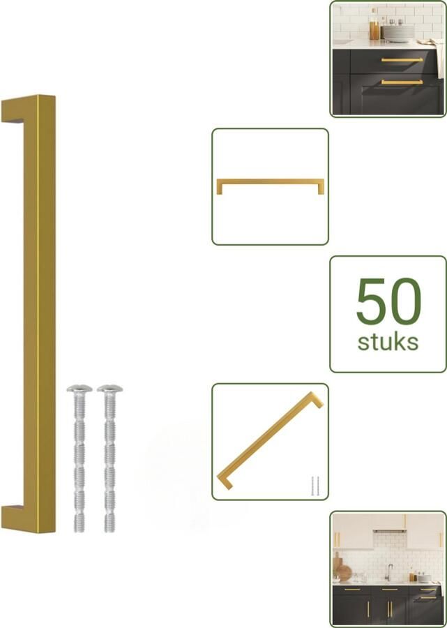 VidaXL Handvatten 224 mm RVS Goudkleurig Vierkante Meubelgrepen voor Kasten en Lades Voordeelverpakking 50 stuks