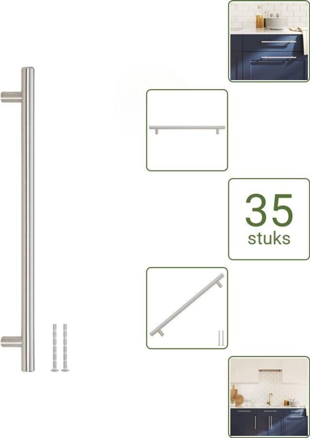 VidaXL Handvatten 224 mm RVS Zilverkleurig T-vormige Meubelgrepen voor Kasten en Lades Voordeelverpakking 35 stuks