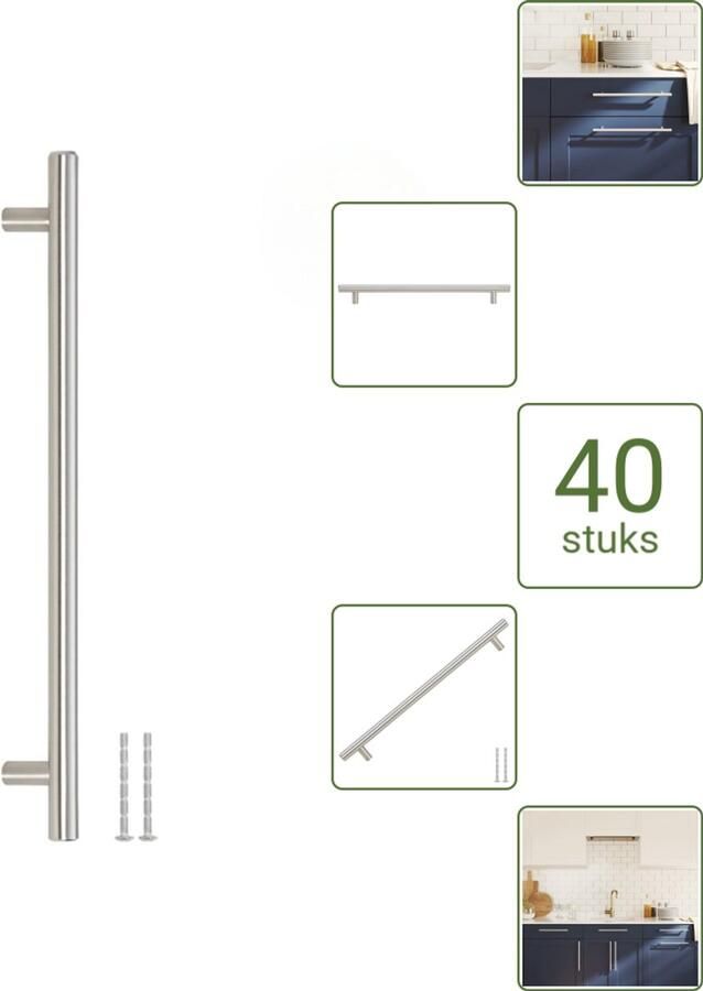 VidaXL Handvatten 224 mm RVS Zilverkleurig T-vormige Meubelgrepen voor Kasten en Lades Voordeelverpakking 40 stuks