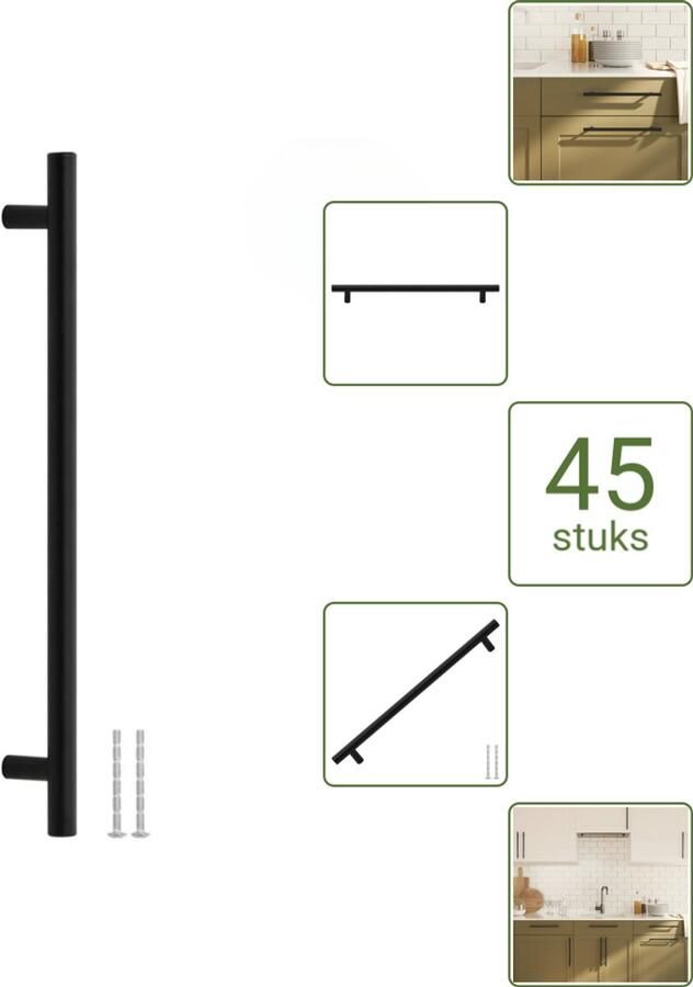 VidaXL Handvatten 224 mm RVS Zwart T-vormige Meubelgrepen voor Kasten en Lades Voordeelverpakking 45 stuks