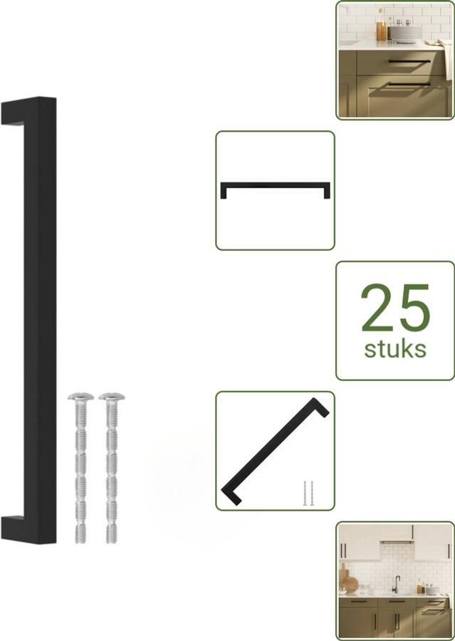 VidaXL Handvatten 224 mm RVS Zwart Vierkante Meubelgrepen voor Kasten en Lades Voordeelverpakking 25 stuks