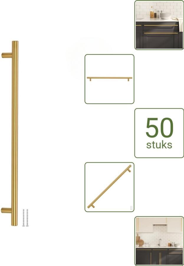 VidaXL Handvatten 480 mm RVS Goudkleurig T-vormige Meubelgrepen voor Kasten en Lades Voordeelverpakking 50 stuks