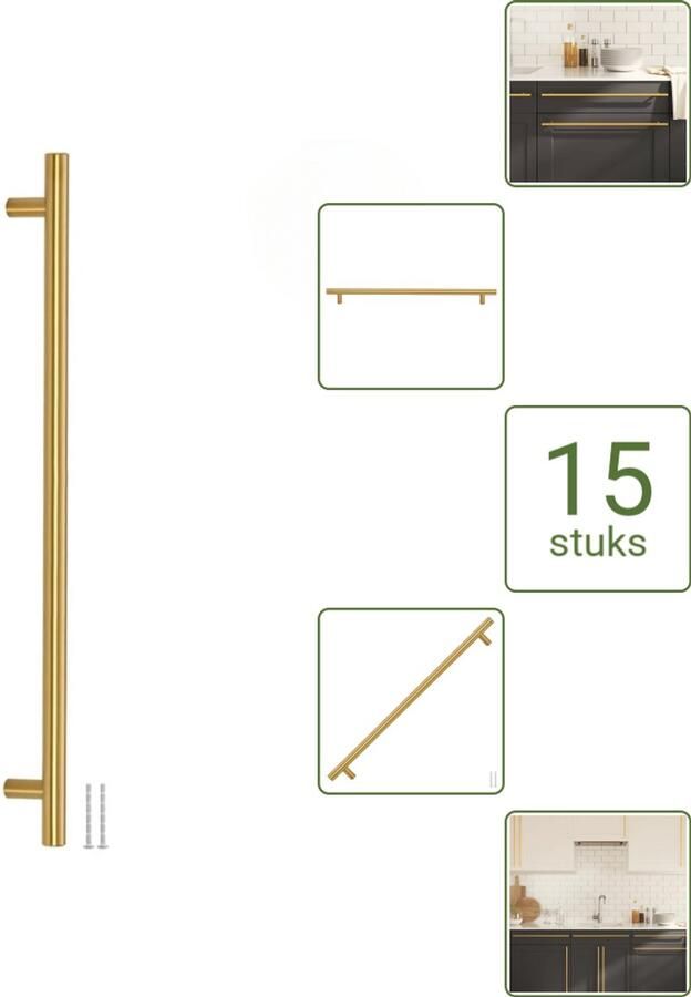 VidaXL Handvatten 480 mm RVS Goudkleurig T-vormige Meubelgrepen voor Kasten en Lades Voordeelverpakking 15 stuks