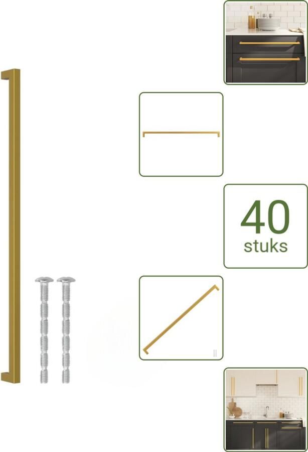 VidaXL Handvatten 480 mm RVS Goudkleurig Vierkante Meubelgrepen voor Kasten en Lades Voordeelverpakking 40 stuks
