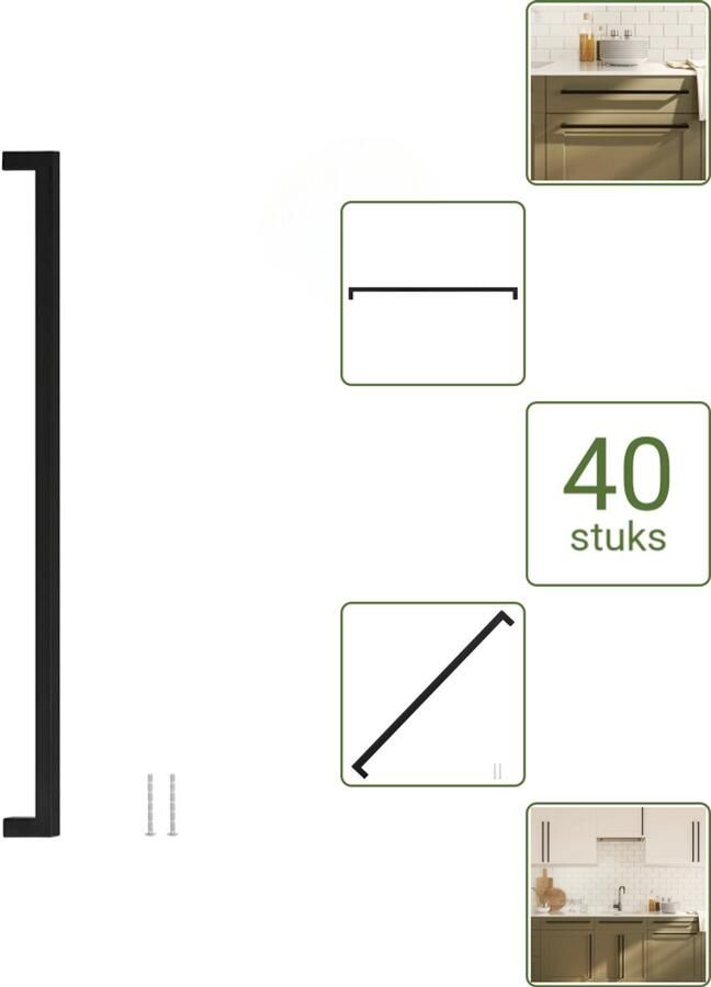 VidaXL Handvatten 480 mm RVS Zwart Vierkante Meubelgrepen voor Kasten en Lades Voordeelverpakking 40 stuks