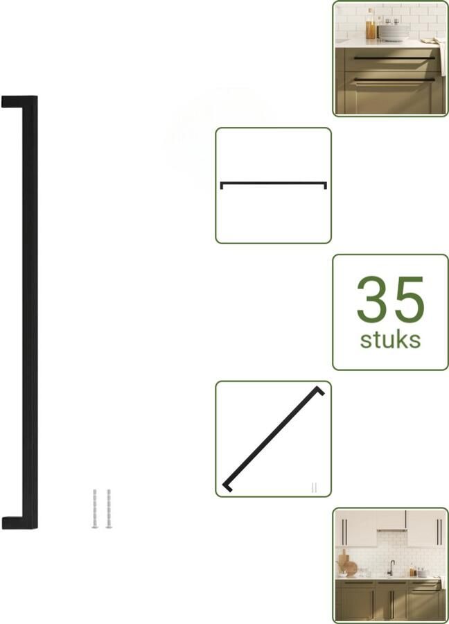 VidaXL Handvatten 480 mm RVS Zwart Vierkante Meubelgrepen voor Kasten en Lades Voordeelverpakking 35 stuks