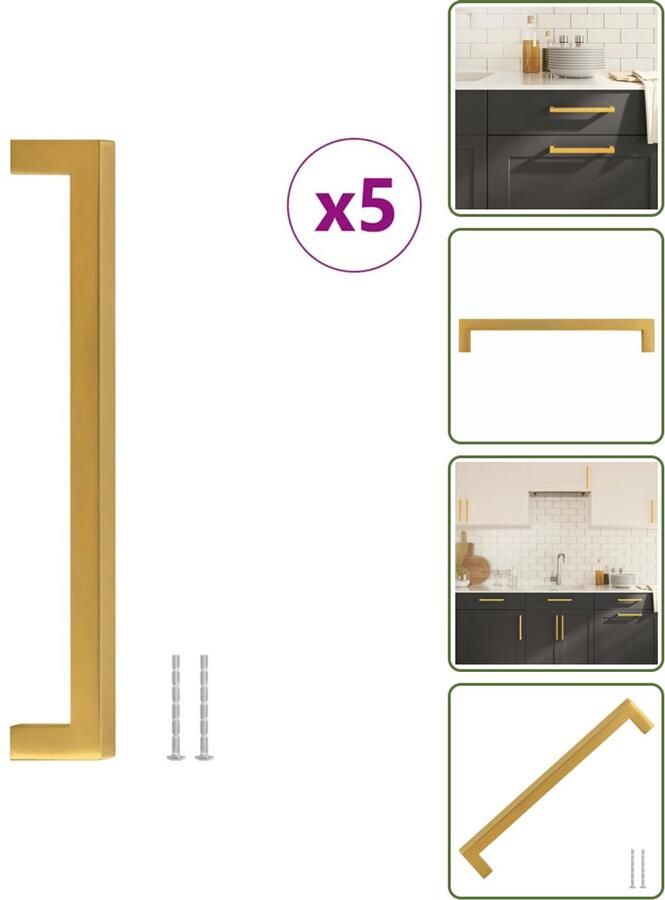 VidaXL Handvatten 5 stuks 192 mm RVS Goudkleurig Vierkante Meubelgrepen voor Kasten en Lades Meubelhandgrepen Gouden Handgrepen Roestvaststalen Handgrepen Keukenhandgrepen Kastdeurknoppen