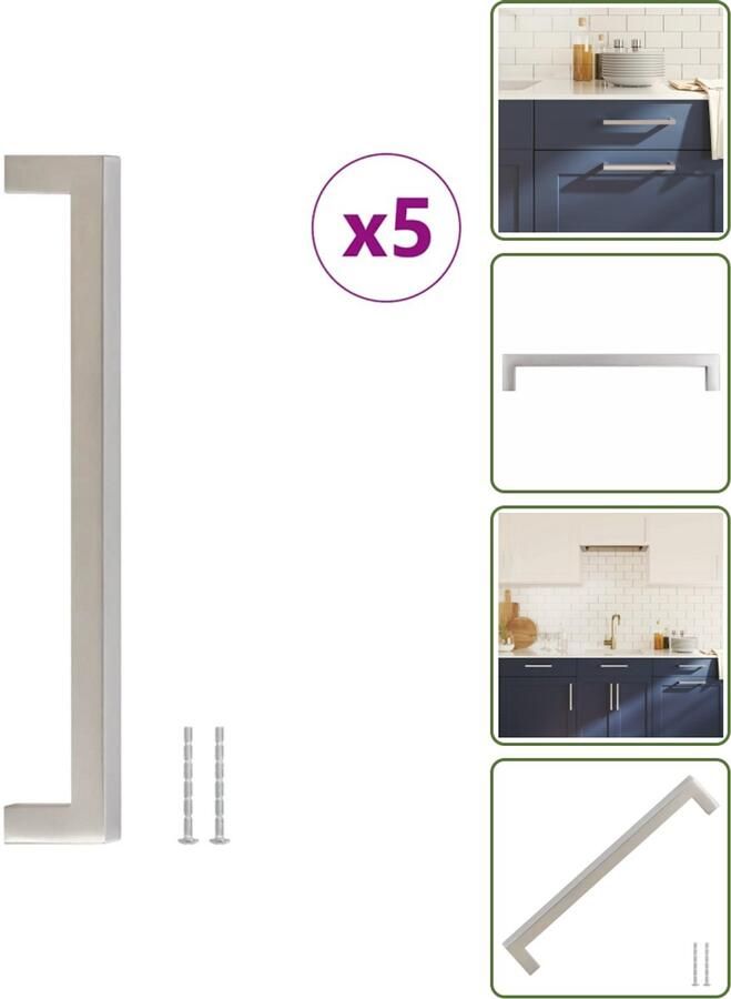 VidaXL Handvatten 5 stuks 192 mm RVS Zilverkleurig Vierkante Meubelgrepen voor Kasten en Lades Meubelhandgrepen Keukenhandgrepen Kastdeurknoppen Badkamerhandgrepen Roestvaststalen Handgrepen