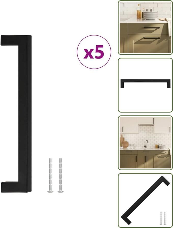 VidaXL Handvatten 5 stuks 192 mm RVS Zwart Vierkante Meubelgrepen voor Kasten en Lades Meubelgrepen Zwarte Handgrepen Roestvaststaal Handgrepen Keukenhandgrepen Kastdeurklinken