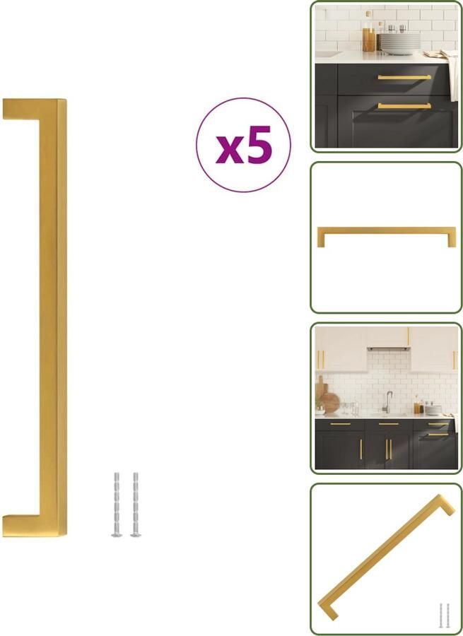 VidaXL Handvatten 5 stuks 224 mm RVS Goudkleurig Vierkante Meubelgrepen voor Kasten en Lades Meubelhandgrepen Gouden Handgrepen Roestvaststalen Handgrepen Keukenhandgrepen Kastdeurknoppen
