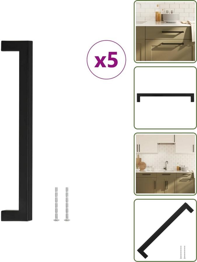 VidaXL Handvatten 5 stuks 224 mm RVS Zwart Vierkante Meubelgrepen voor Kasten en Lades Meubelgrepen Zwarte Handgrepen Roestvaststaal Handgrepen Keukenhandgrepen Kastgrepen