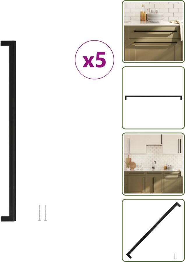 VidaXL Handvatten 5 stuks 480 mm RVS Zwart Vierkante Meubelgrepen voor Kasten en Lades Meubelgrepen Zwarte Handgrepen Roestvaststaal Handgrepen Keukenhandgrepen Kastgrepen