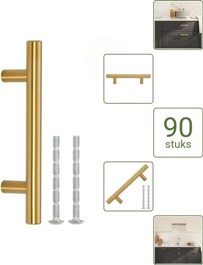 VidaXL Handvatten 64 mm RVS Goudkleurig T-vormige Meubelgrepen voor Kasten en Lades Voordeelverpakking 90 stuks
