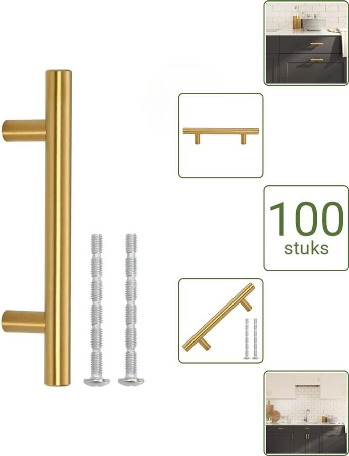 VidaXL Handvatten 64 mm RVS Goudkleurig T-vormige Meubelgrepen voor Kasten en Lades Voordeelverpakking 100 stuks