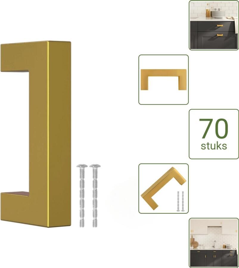 VidaXL Handvatten 64 mm RVS Goudkleurig Vierkante Meubelgrepen voor Kasten en Lades Voordeelverpakking 70 stuks