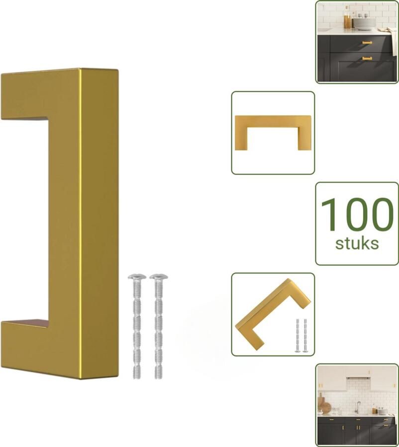 VidaXL Handvatten 64 mm RVS Goudkleurig Vierkante Meubelgrepen voor Kasten en Lades Voordeelverpakking 100 stuks