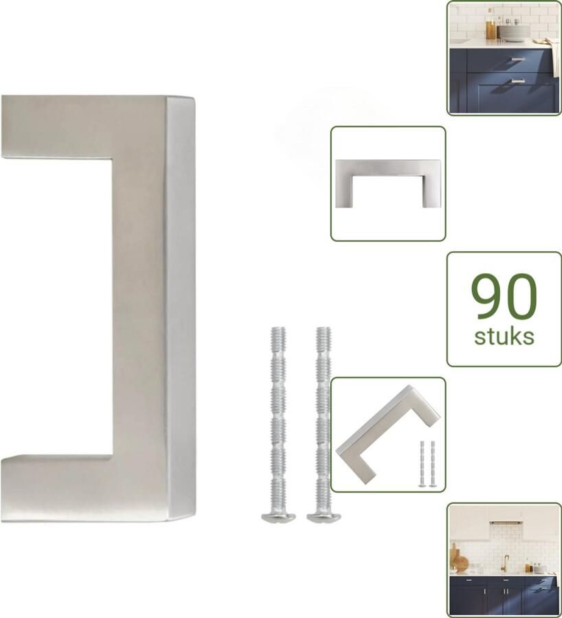 VidaXL Handvatten 64 mm RVS Zilverkleurig Vierkante Meubelgrepen voor Kasten en Lades Voordeelverpakking 90 stuks