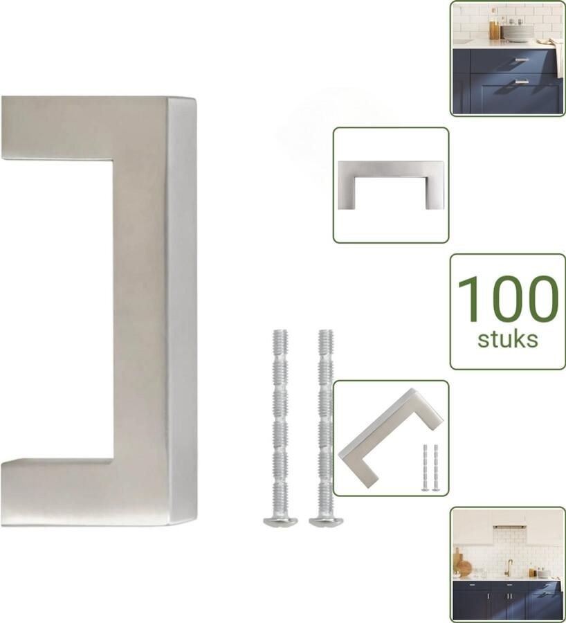 VidaXL Handvatten 64 mm RVS Zilverkleurig Vierkante Meubelgrepen voor Kasten en Lades Voordeelverpakking 100 stuks