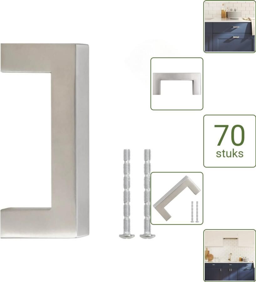 VidaXL Handvatten 64 mm RVS Zilverkleurig Vierkante Meubelgrepen voor Kasten en Lades Voordeelverpakking 70 stuks