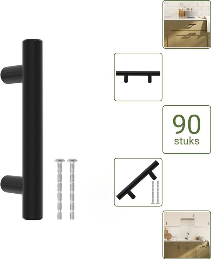 VidaXL Handvatten 64 mm RVS Zwart T-vormige Meubelgrepen voor Kasten en Lades Voordeelverpakking 90 stuks