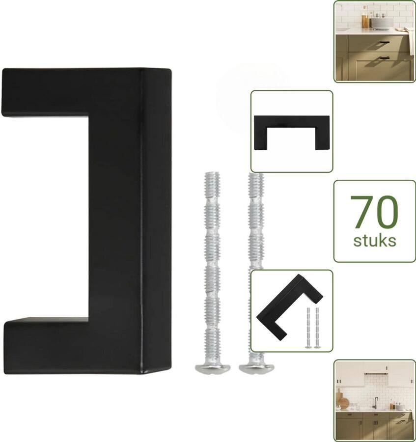 VidaXL Handvatten 64 mm RVS Zwart Vierkante Meubelgrepen voor Kasten en Lades Voordeelverpakking 70 stuks
