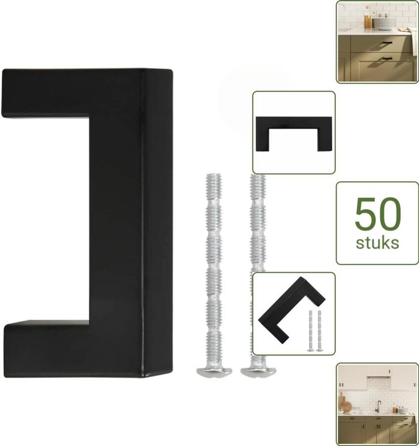 VidaXL Handvatten 64 mm RVS Zwart Vierkante Meubelgrepen voor Kasten en Lades Voordeelverpakking 50 stuks