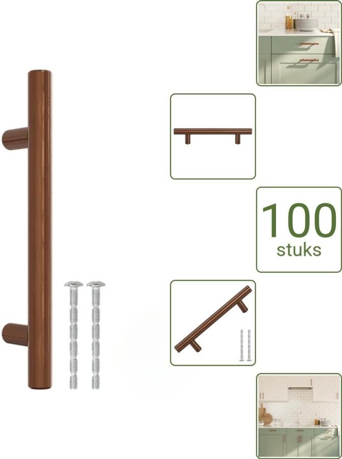 VidaXL Handvatten 96 mm RVS Bronskleurig T-vormige Meubelgrepen voor Kasten en Lades Voordeelverpakking 100 stuks
