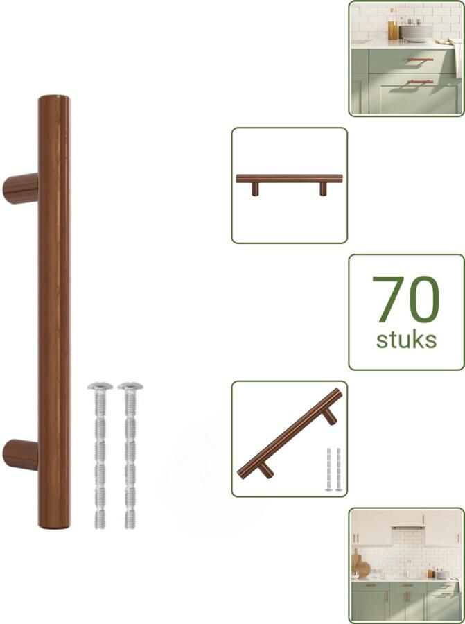 VidaXL Handvatten 96 mm RVS Bronskleurig T-vormige Meubelgrepen voor Kasten en Lades Voordeelverpakking 70 stuks
