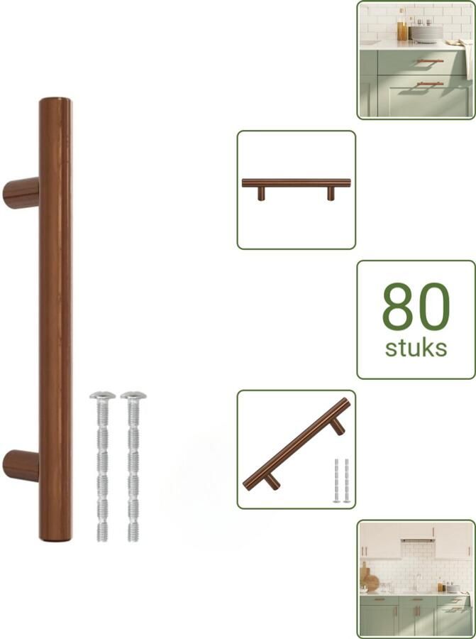 VidaXL Handvatten 96 mm RVS Bronskleurig T-vormige Meubelgrepen voor Kasten en Lades Voordeelverpakking 80 stuks