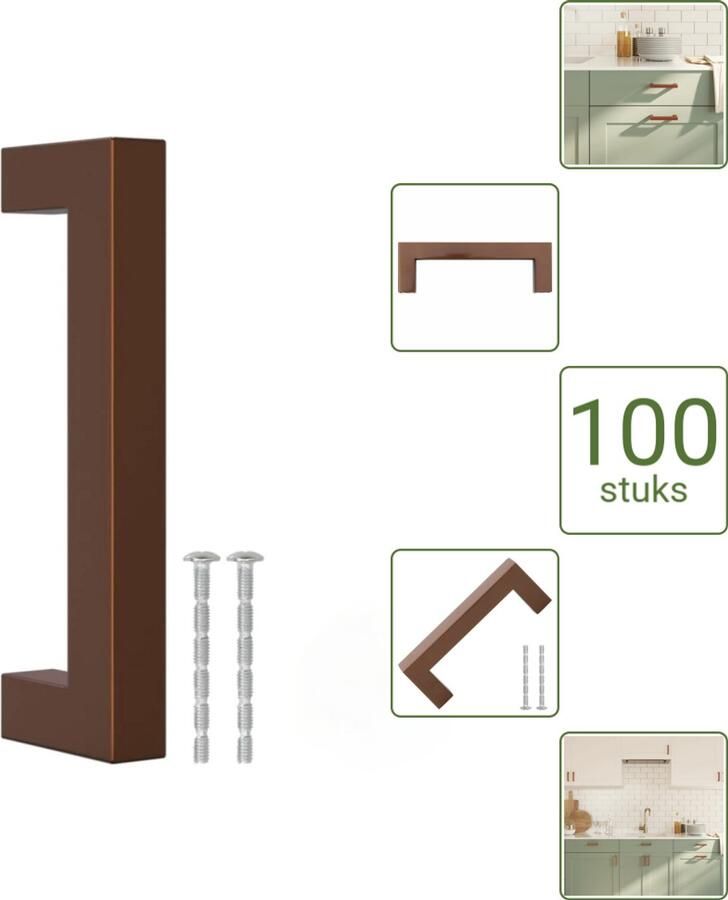 VidaXL Handvatten 96 mm RVS Bronskleurig Vierkante Meubelgrepen voor Kasten en Lades Voordeelverpakking 100 stuks