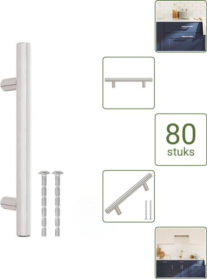 VidaXL Handvatten 96 mm RVS Zilverkleurig T-vormige Meubelgrepen voor Kasten en Lades Voordeelverpakking 80 stuks