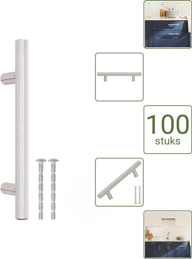 VidaXL Handvatten 96 mm RVS Zilverkleurig T-vormige Meubelgrepen voor Kasten en Lades Voordeelverpakking 100 stuks