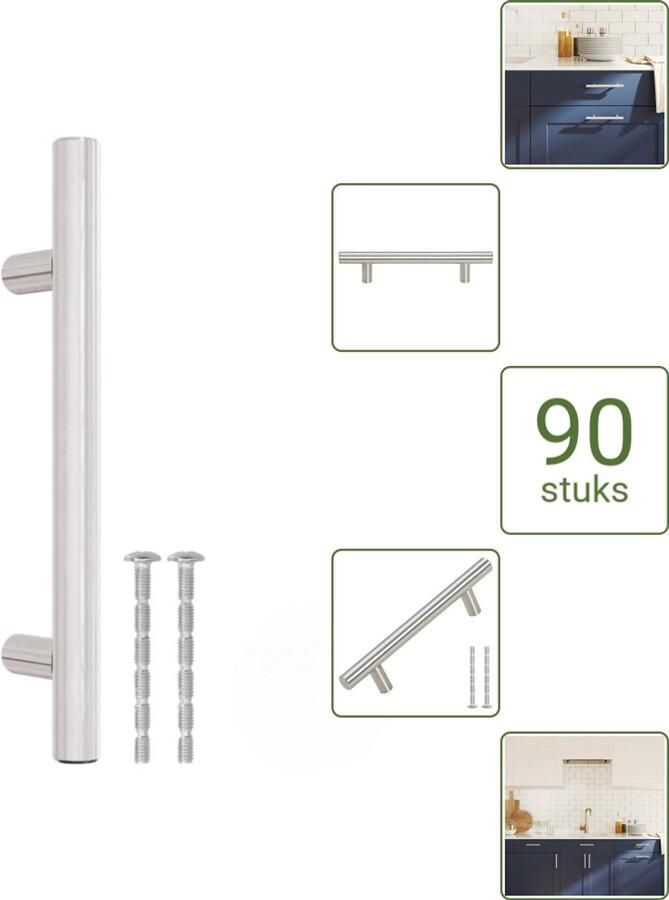 VidaXL Handvatten 96 mm RVS Zilverkleurig T-vormige Meubelgrepen voor Kasten en Lades Voordeelverpakking 90 stuks