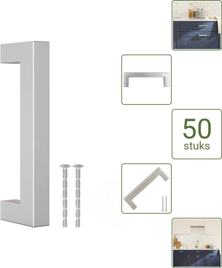 VidaXL Handvatten 96 mm RVS Zilverkleurig Vierkante Meubelgrepen voor Kasten en Lades Voordeelverpakking 50 stuks