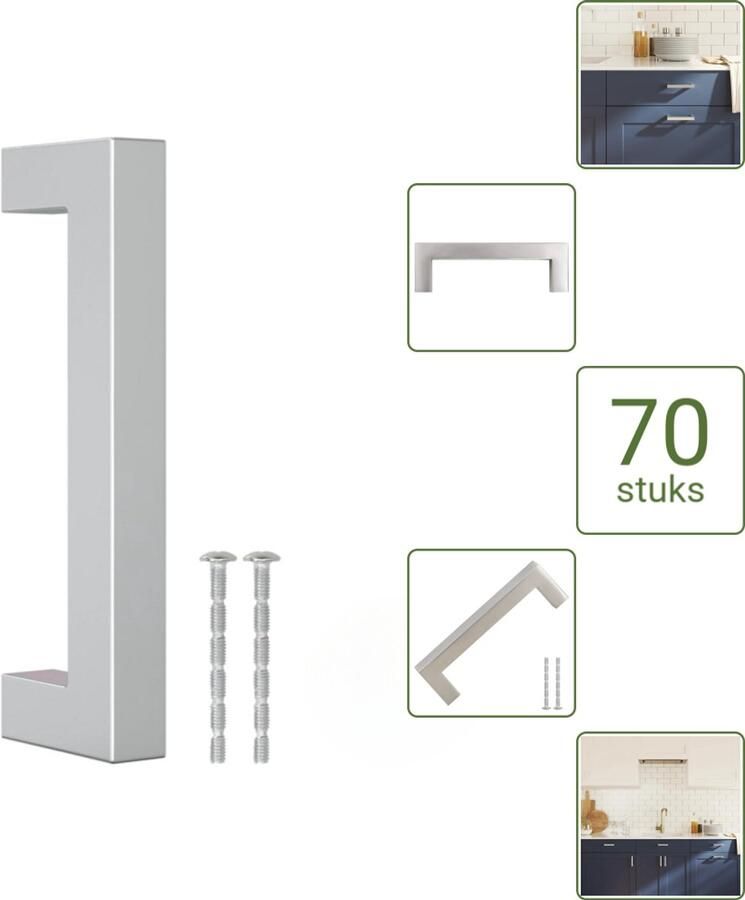 VidaXL Handvatten 96 mm RVS Zilverkleurig Vierkante Meubelgrepen voor Kasten en Lades Voordeelverpakking 70 stuks