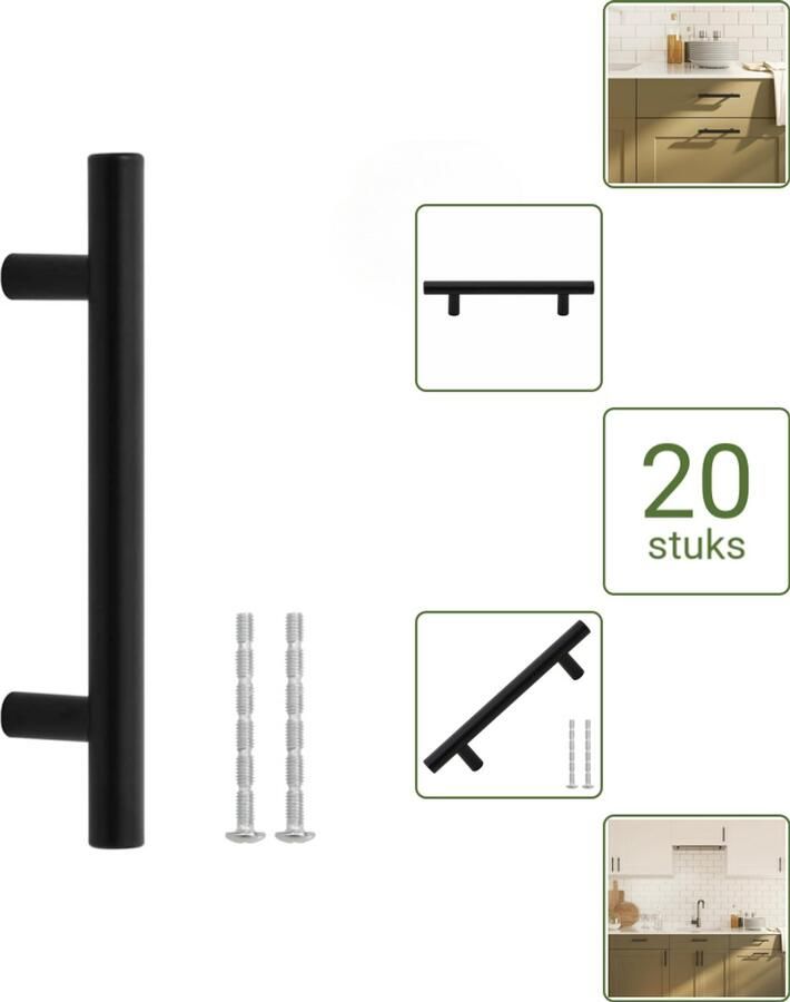 VidaXL Handvatten 96 mm RVS Zwart T-vormige Meubelgrepen voor Kasten en Lades Voordeelverpakking 20 stuks