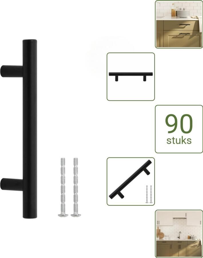 VidaXL Handvatten 96 mm RVS Zwart T-vormige Meubelgrepen voor Kasten en Lades Voordeelverpakking 90 stuks