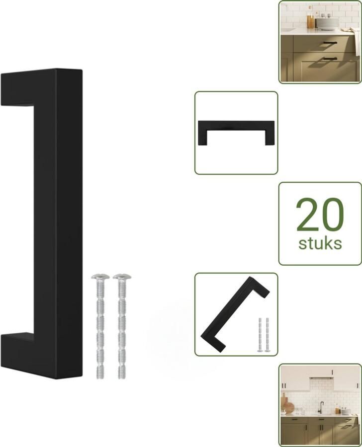 VidaXL Handvatten 96 mm RVS Zwart Vierkante Meubelgrepen voor Kasten en Lades Voordeelverpakking 20 stuks