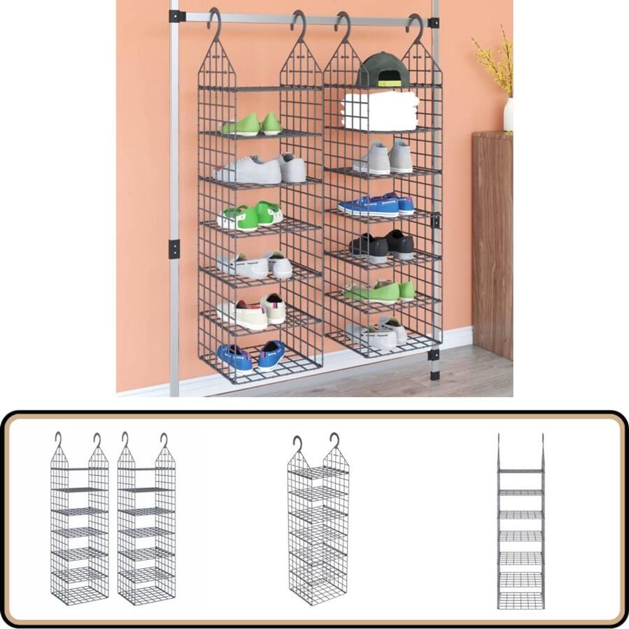 VidaXL Hangende Kastorganisers 2 stuks 7 schappen Hangend Kasten Organiser Kasten Organizer Kast Organisatie Opbergvakjes Kledingkast Organiseer