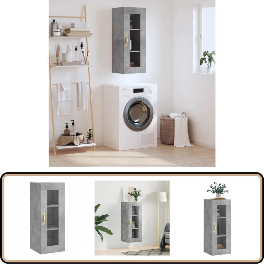 The Living Store Hangkast 34 5x34x90 cm betongrijs Zwevende Wandkast Hangkast Houten Kast Betonnen Grijze Kast Opbergkast